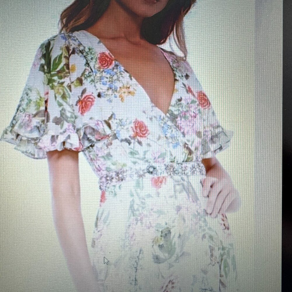 Mac Duggal Dress 9079 Floral Print Faux Wrap Flutter Sleeve A-Line Gown Size 4